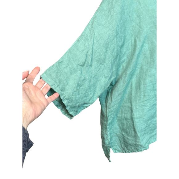 GIUSY Linen Blouse‎ Women M Cyan Italy Boxy Minimalist Quiet Luxury Casual Top - Picture 3 of 10